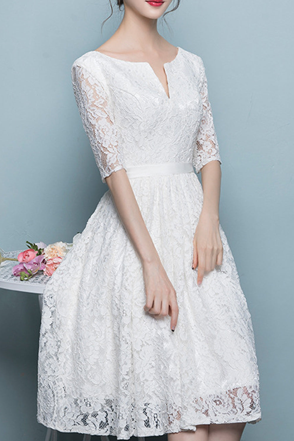 Women Notch Neck Half Sleeve Loose Short Skirt Wedding Party Dress