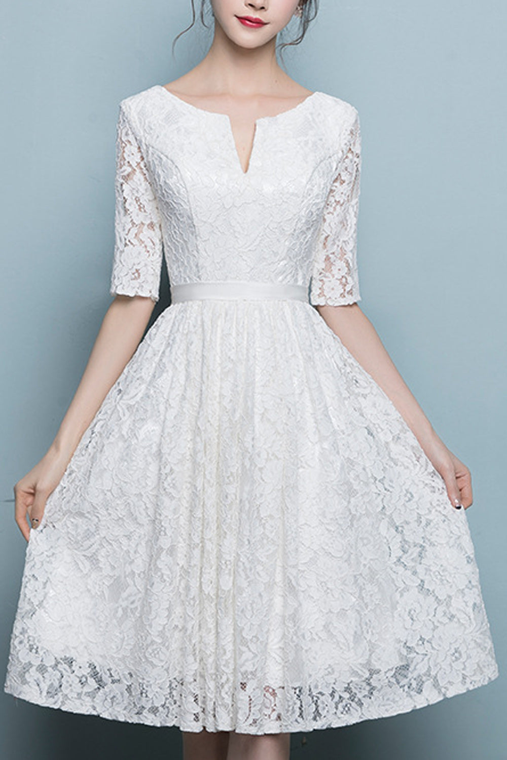 Women Notch Neck Half Sleeve Loose Short Skirt Wedding Party Dress