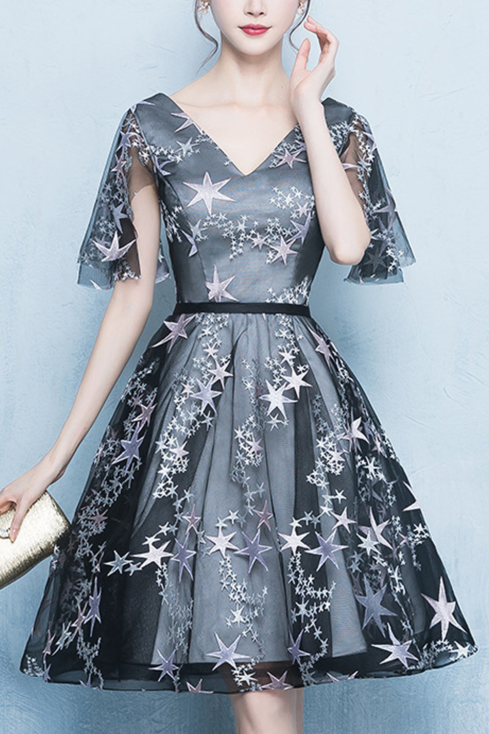 Women Short Sleeve V-Neck Style Thin Skirt Star Embroidered Evening Party Dress