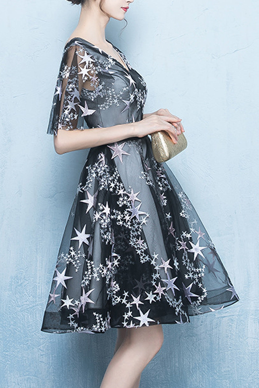 Women Short Sleeve V-Neck Style Thin Skirt Star Embroidered Evening Party Dress