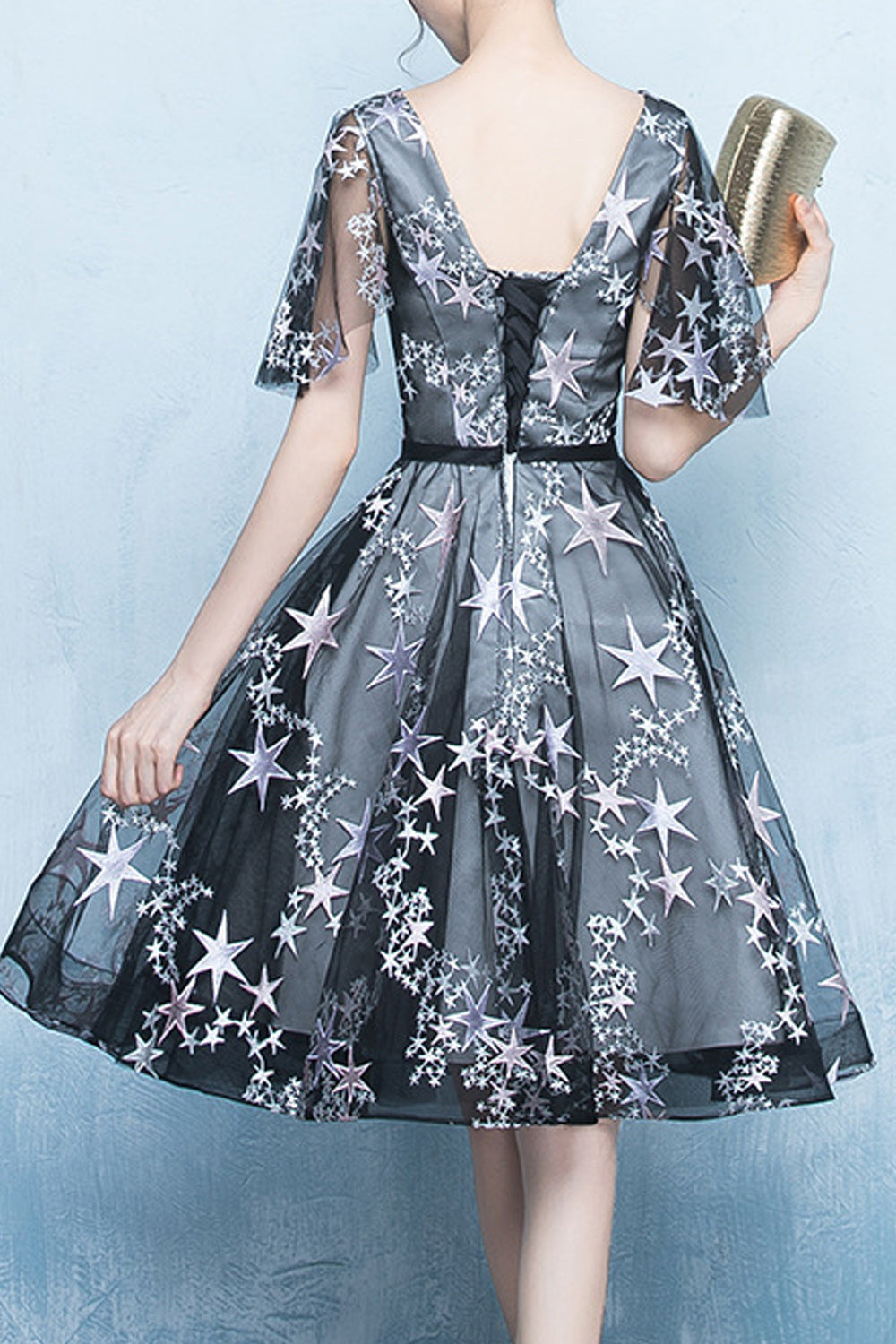 Women Short Sleeve V-Neck Style Thin Skirt Star Embroidered Evening Party Dress