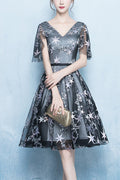 Women Short Sleeve V-Neck Style Thin Skirt Star Embroidered Evening Party Dress