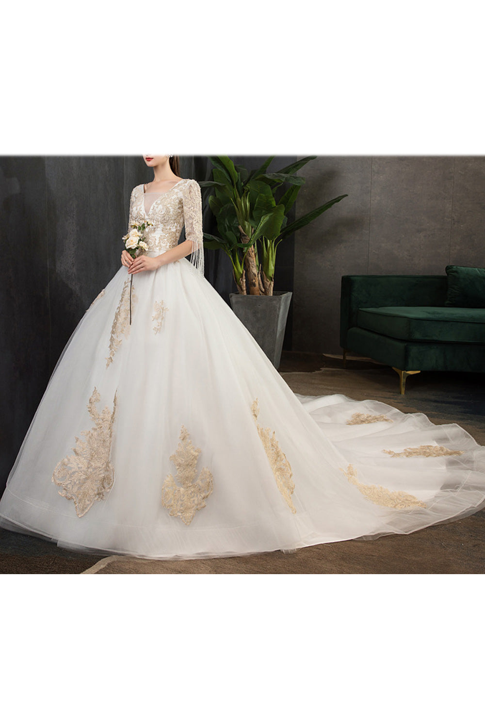 Women V-Neck Style Shot Sleeve Embroidered Pattern Wedding Dress