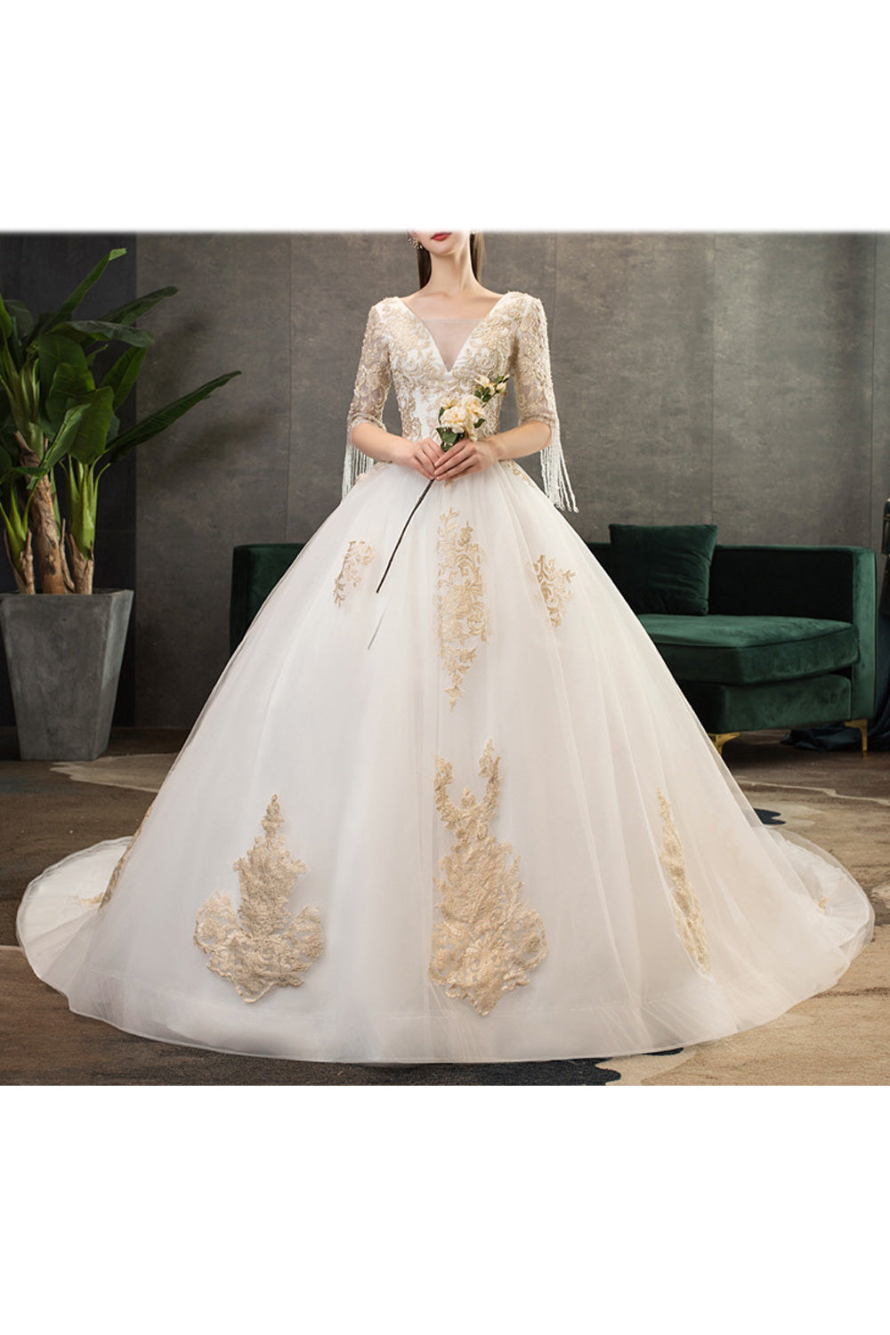 Women V-Neck Style Shot Sleeve Embroidered Pattern Wedding Dress