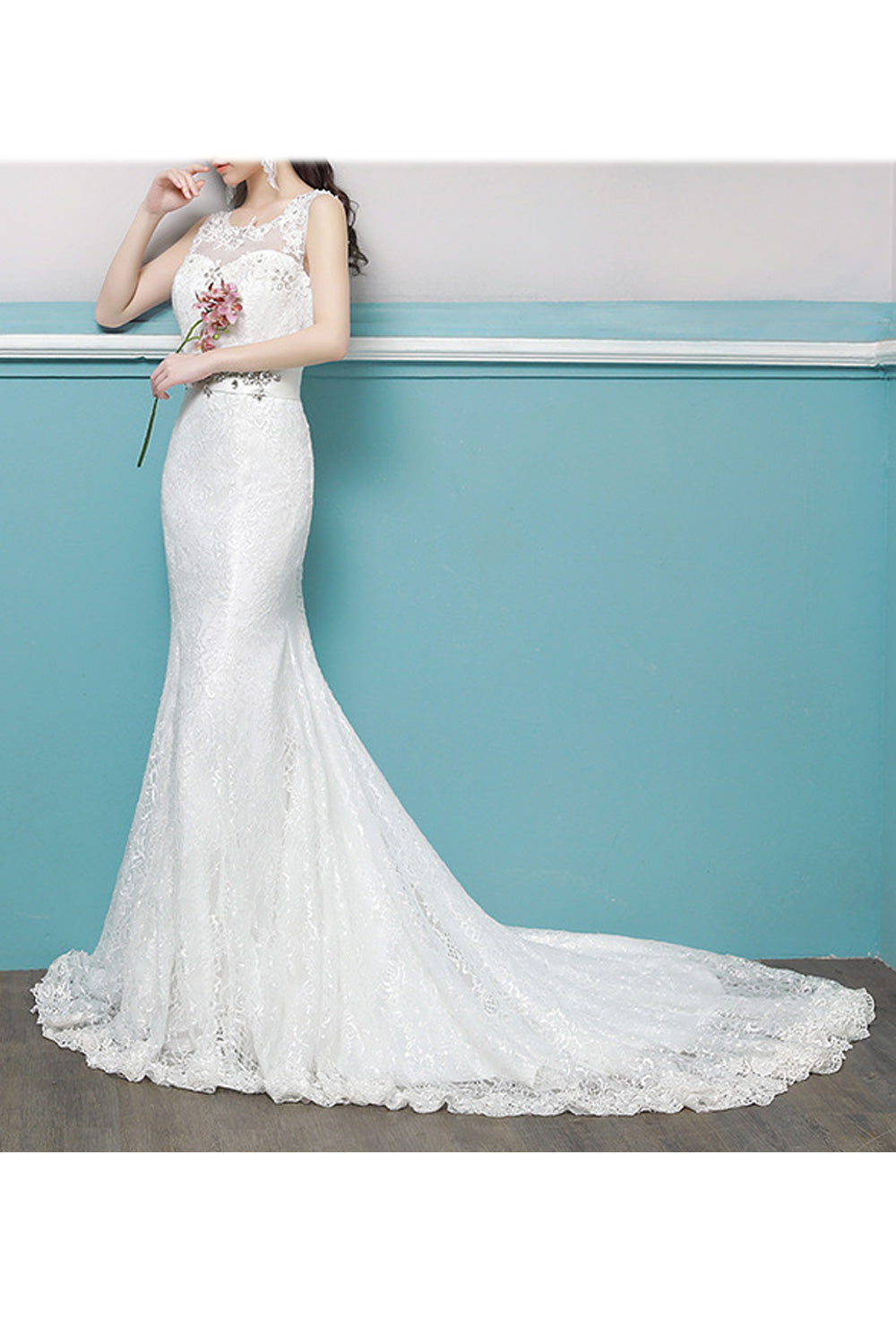 Women Fish Tail Slim Fit Round Neck Sleeveless Style Wedding Dress