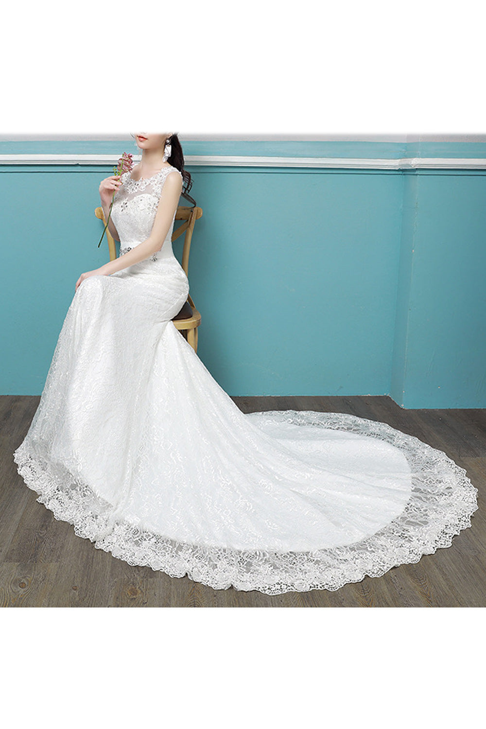 Women Fish Tail Slim Fit Round Neck Sleeveless Style Wedding Dress