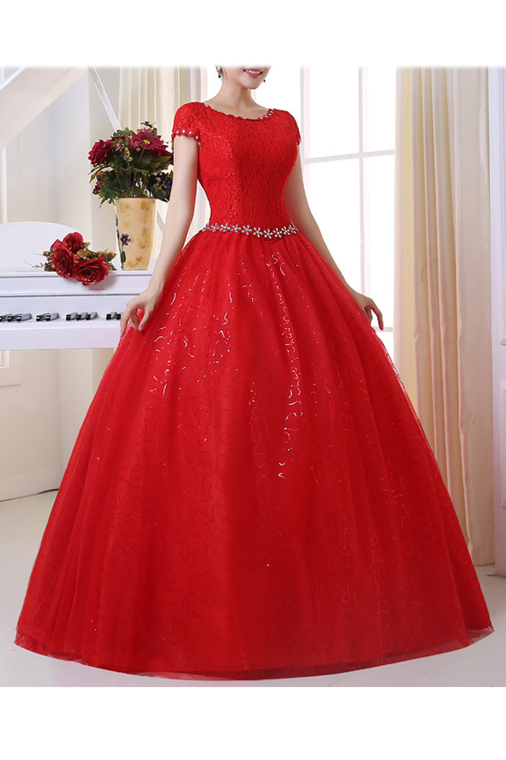 Women Convenient Round Neck Short Sleeve Lace Decorated Wedding Dress