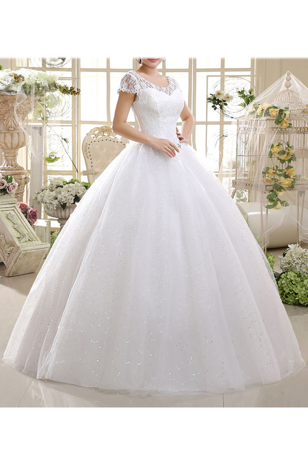 Women Convenient Round Neck Short Sleeve Lace Decorated Wedding Dress