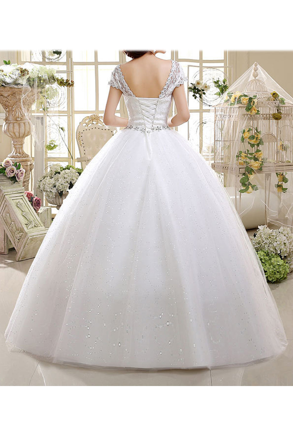 Women Convenient Round Neck Short Sleeve Lace Decorated Wedding Dress