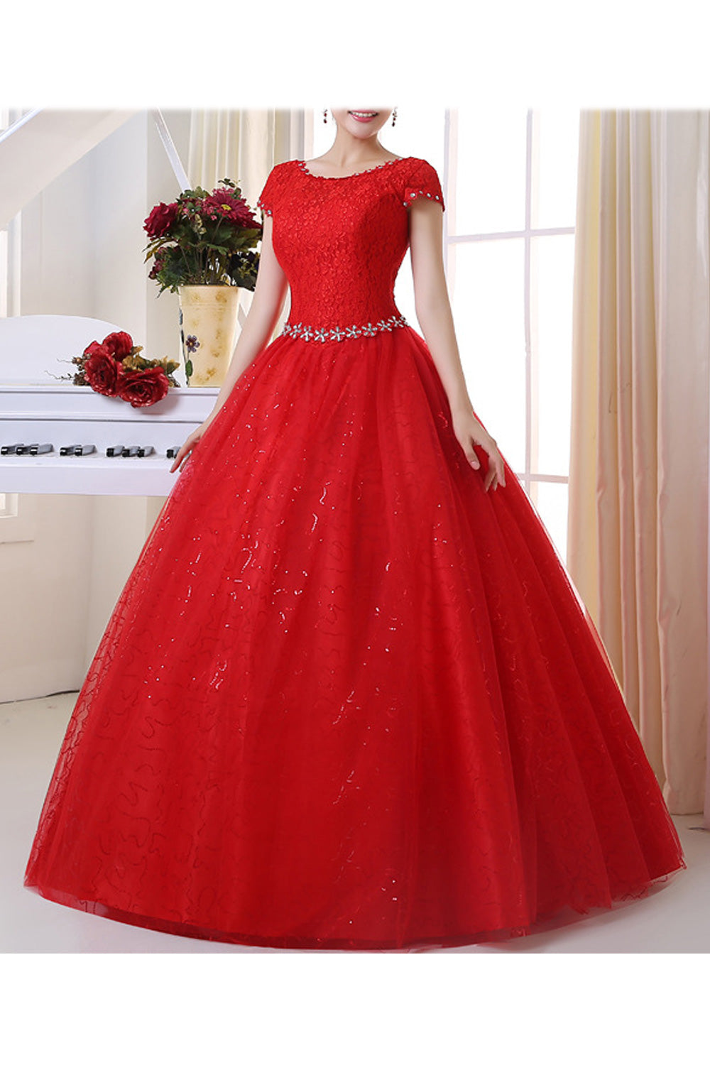 Women Convenient Round Neck Short Sleeve Lace Decorated Wedding Dress
