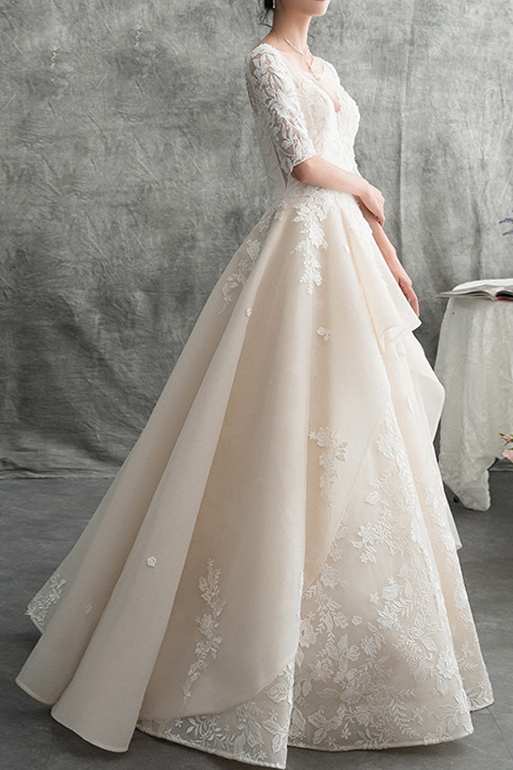 Women Half Sleeve Round Neck Comfortable Lace Decorated Wedding Dress
