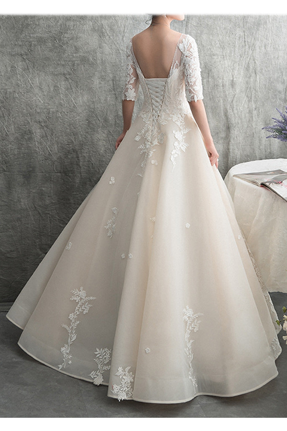 Women Half Sleeve Round Neck Comfortable Lace Decorated Wedding Dress