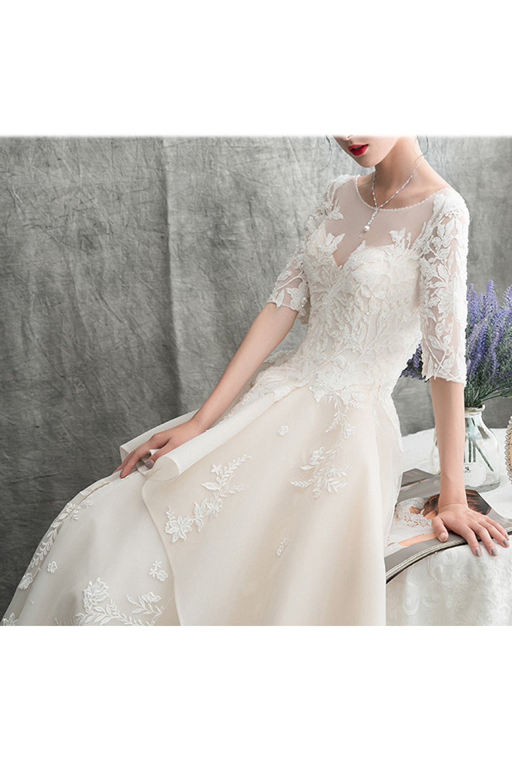 Women Half Sleeve Round Neck Comfortable Lace Decorated Wedding Dress