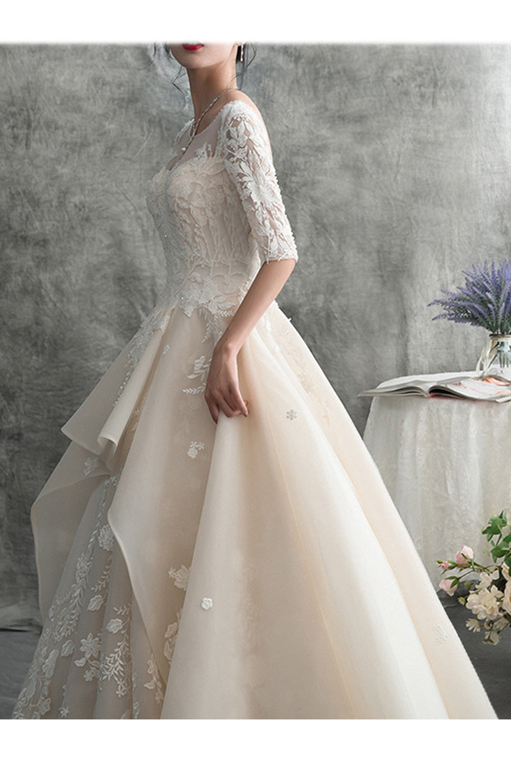 Women Half Sleeve Round Neck Comfortable Lace Decorated Wedding Dress