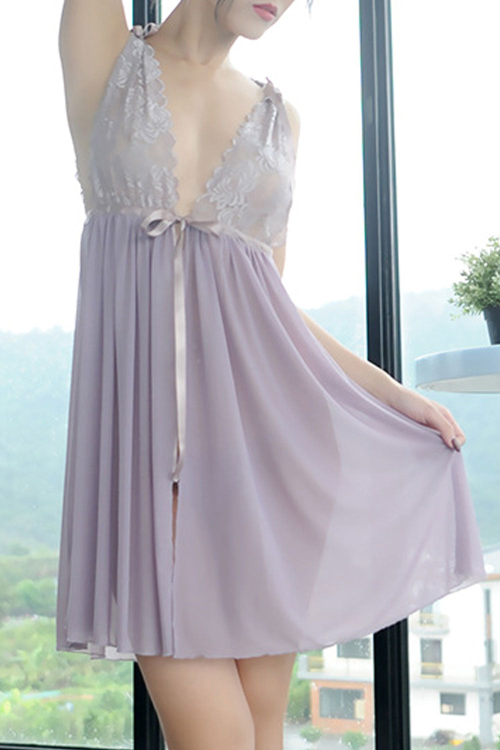 Women Lace Up Silk Ribbon Front Slit Nightdress Lingerie