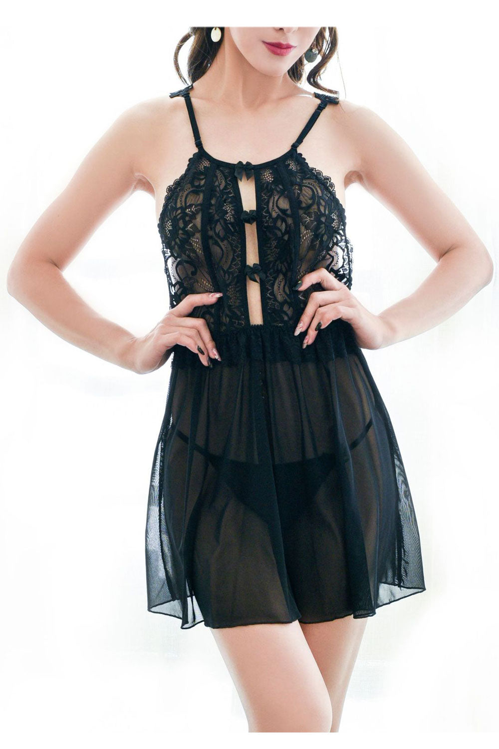 Women Keyhole Flower Lace Decorated Transparent Lingerie