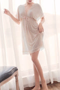 Women Short Sleeve Lace Deep V-Neck Styled Solid Pattern Tie Waist Lingerie