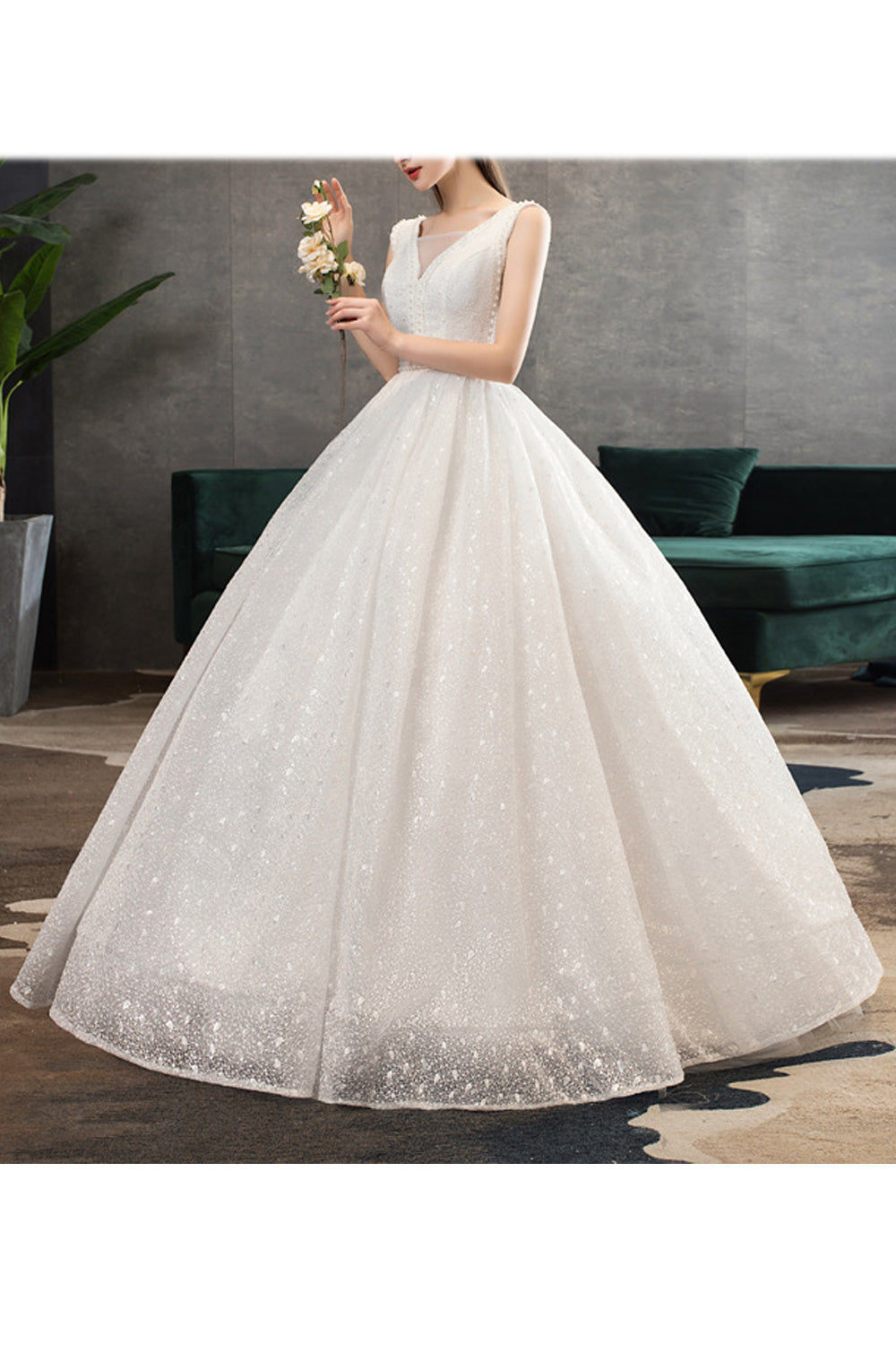 Women Deep V-Neck Style Sleeveless Loose Long Gown Wedding Dress