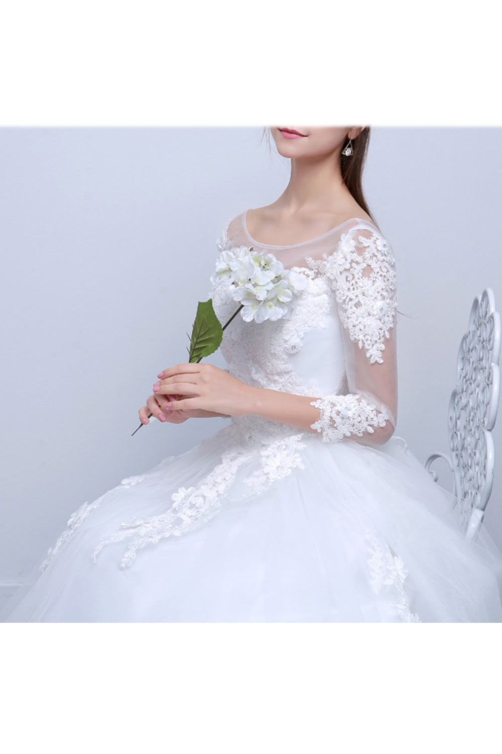 Women Lace Long Sleeve A-Line Skirt Classy Solid Pattern Wedding Dress