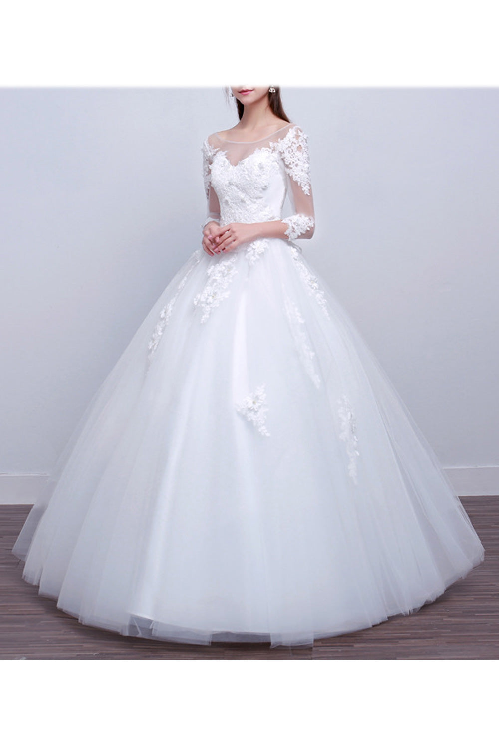 Women Lace Long Sleeve A-Line Skirt Classy Solid Pattern Wedding Dress