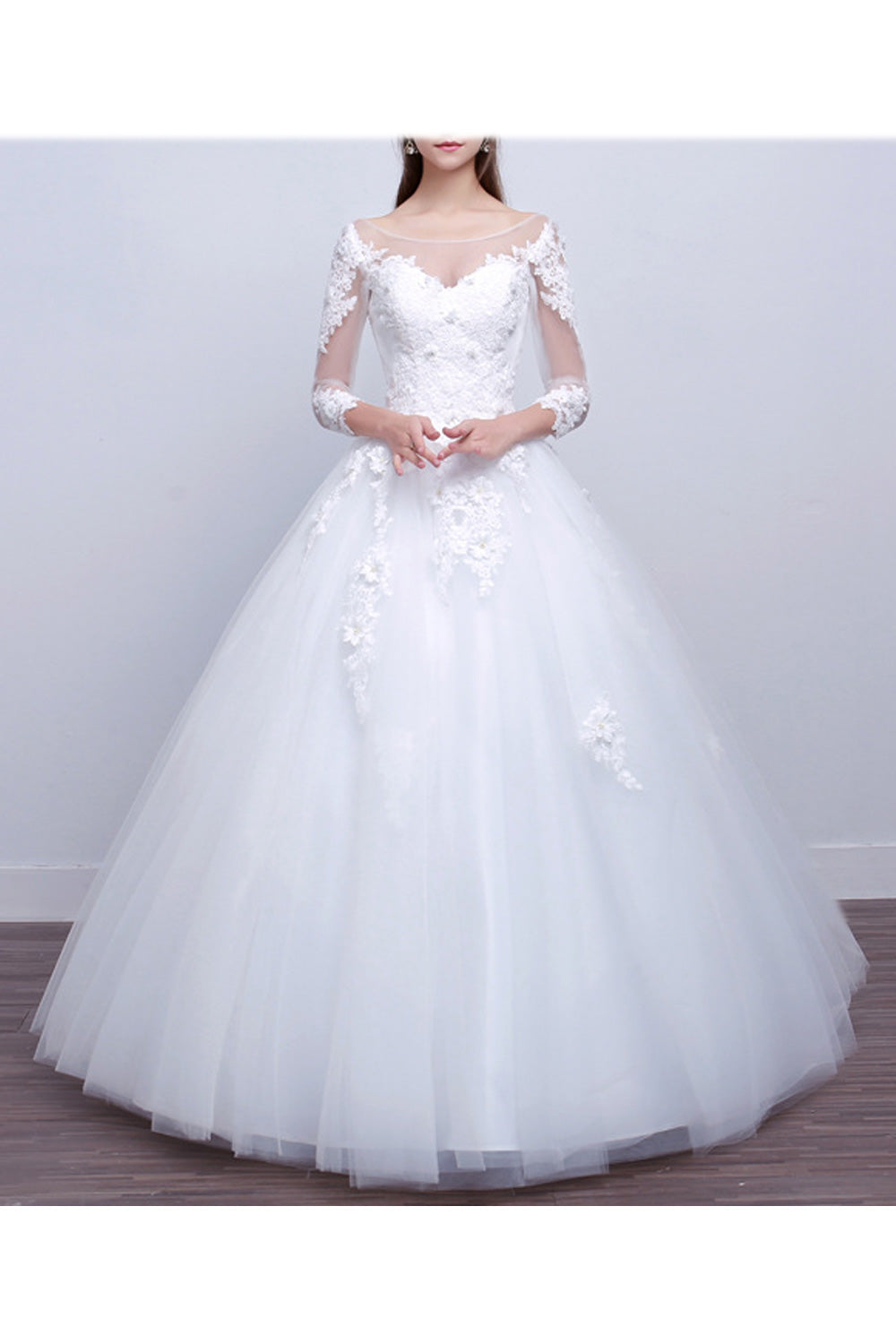 Women Lace Long Sleeve A-Line Skirt Classy Solid Pattern Wedding Dress