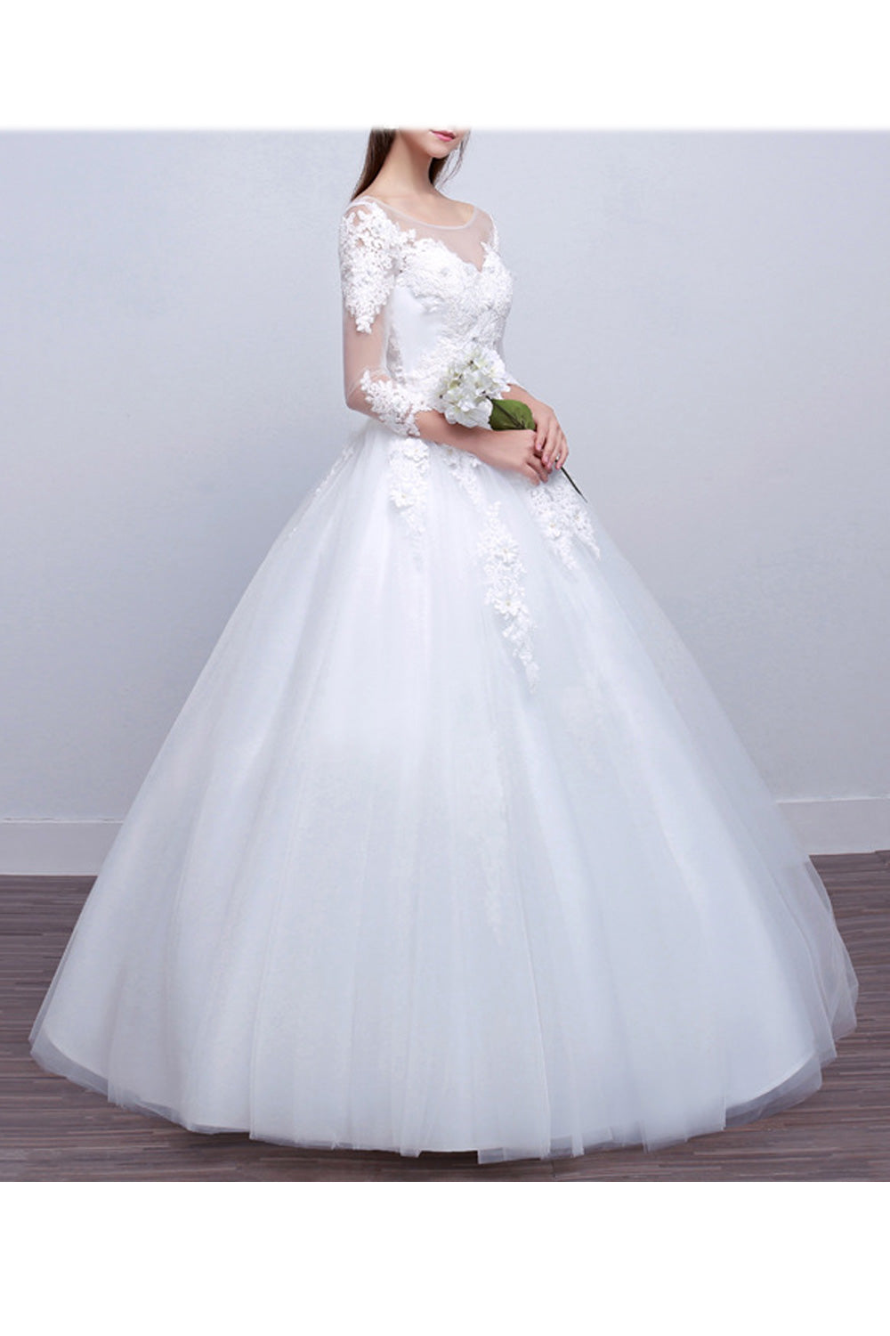 Women Lace Long Sleeve A-Line Skirt Classy Solid Pattern Wedding Dress