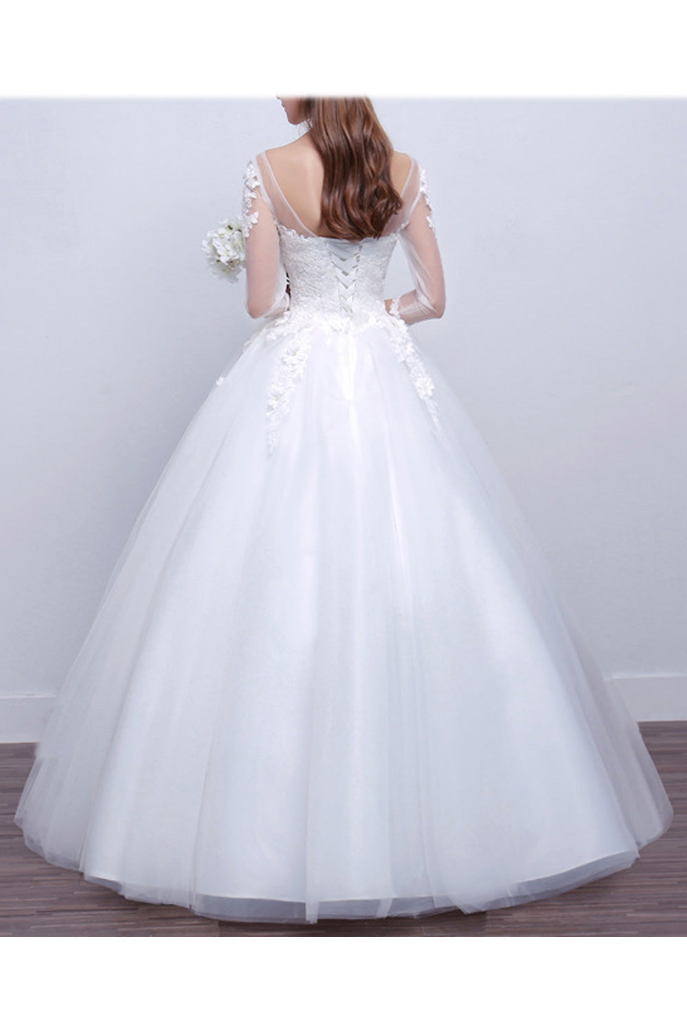 Women Lace Long Sleeve A-Line Skirt Classy Solid Pattern Wedding Dress