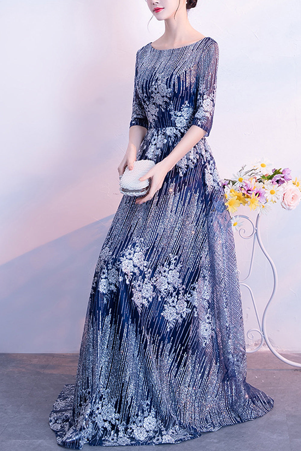 Women Half Sleeve Broad Round Neck Sequins Decorated Wedding Party Dress