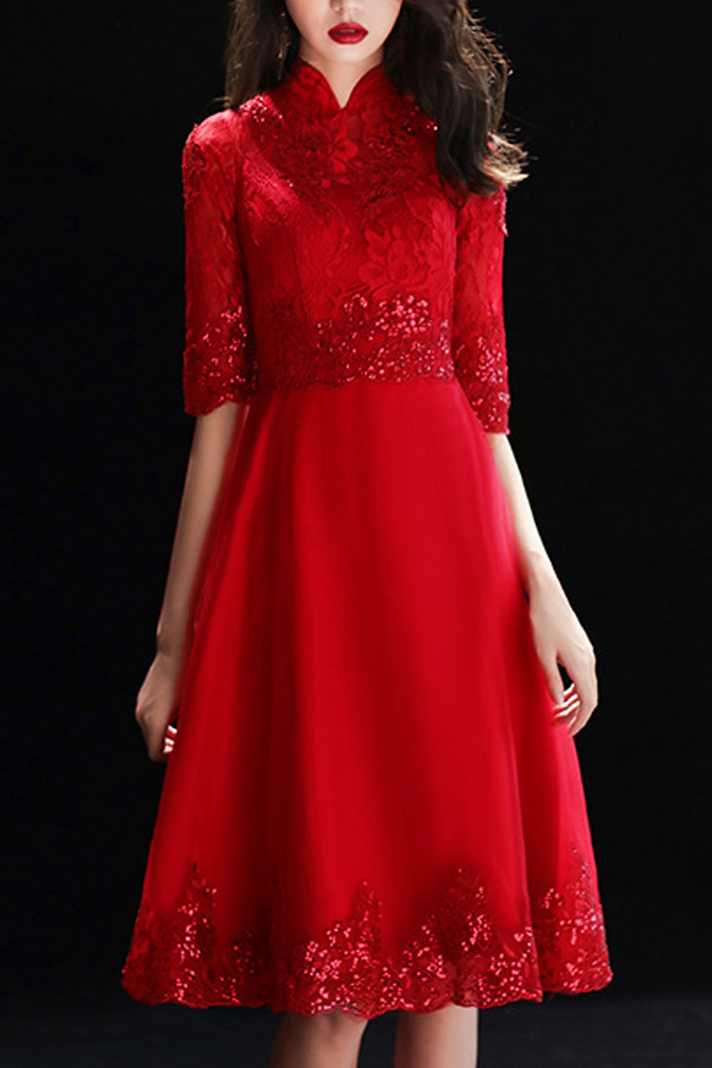 Women Stand Collar Solid Colored Elbow Sleeve Fashionable Evening Party Dress