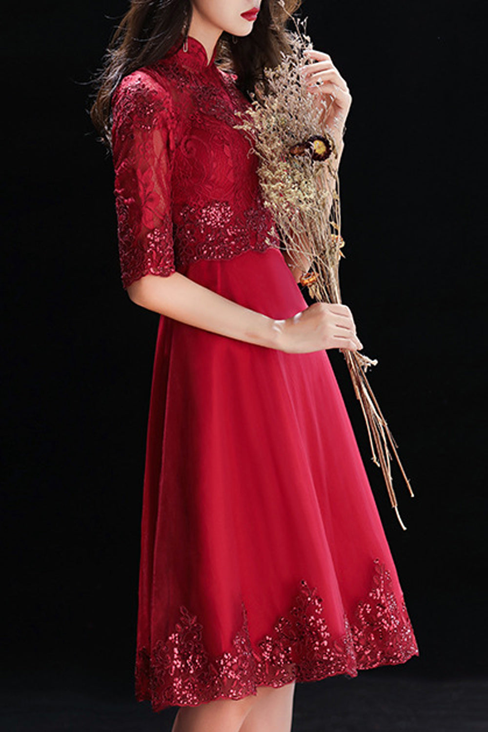 Women Stand Collar Solid Colored Elbow Sleeve Fashionable Evening Party Dress