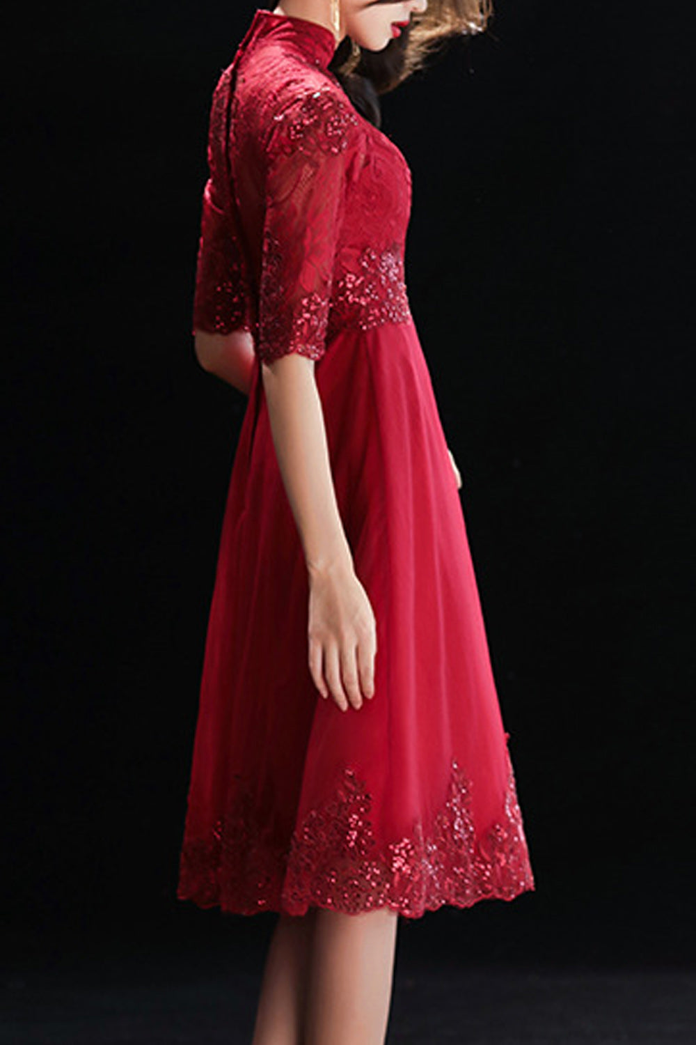 Women Stand Collar Solid Colored Elbow Sleeve Fashionable Evening Party Dress