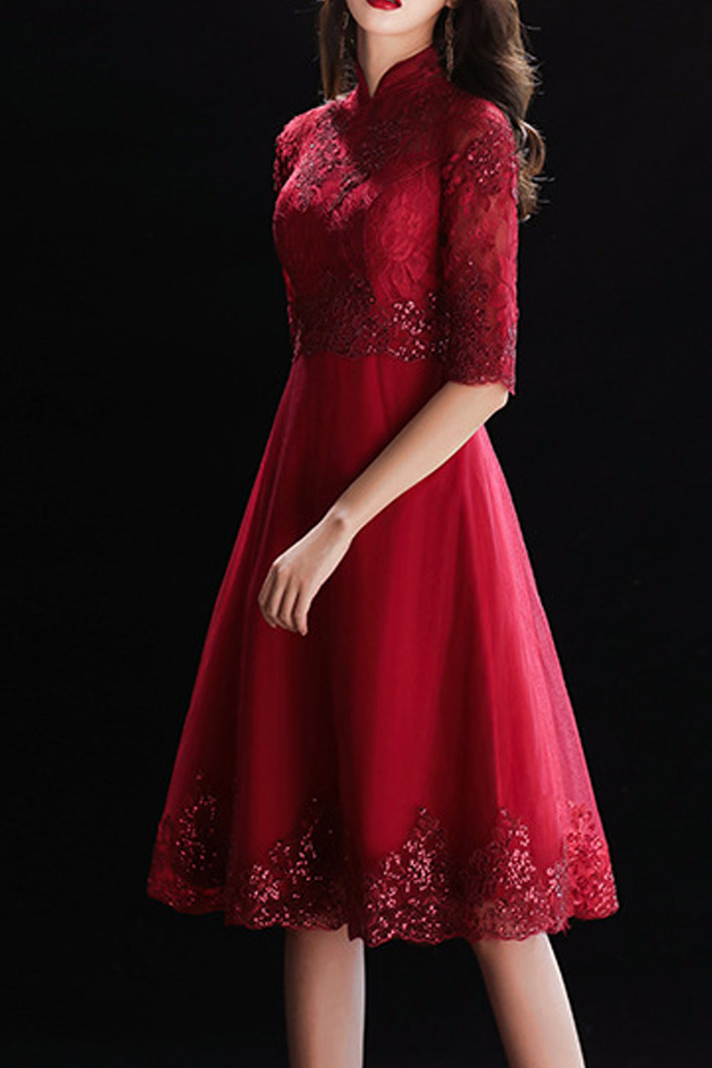 Women Stand Collar Solid Colored Elbow Sleeve Fashionable Evening Party Dress