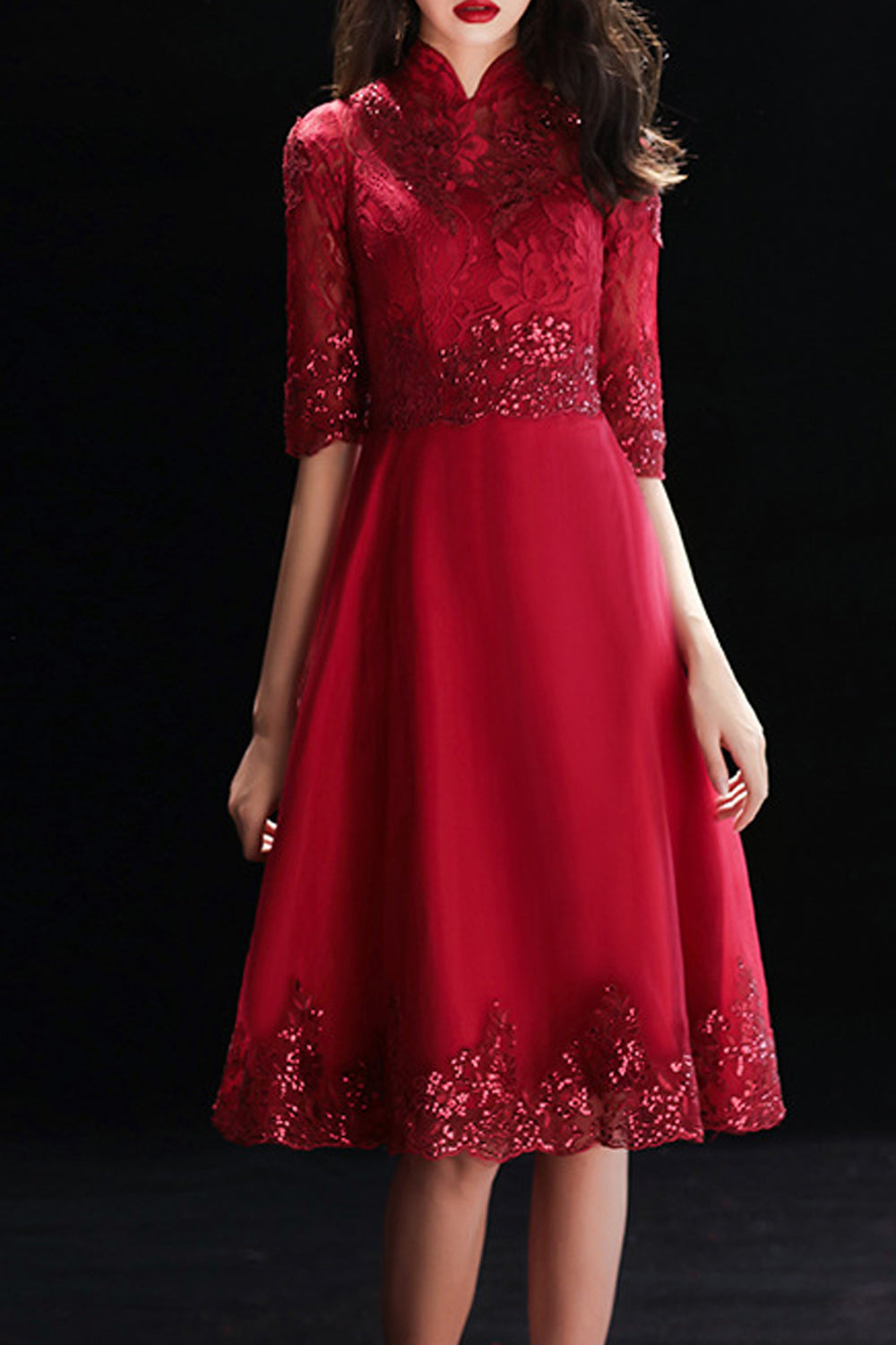 Women Stand Collar Solid Colored Elbow Sleeve Fashionable Evening Party Dress