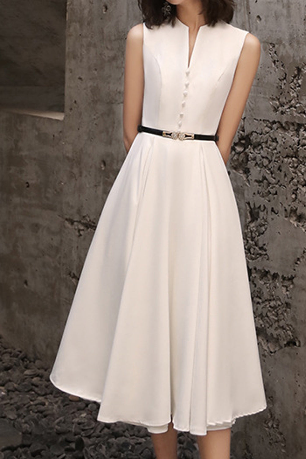 Women Mid Length Skirt Classy Sleeveless Style Solid Colored Evening Party Dress