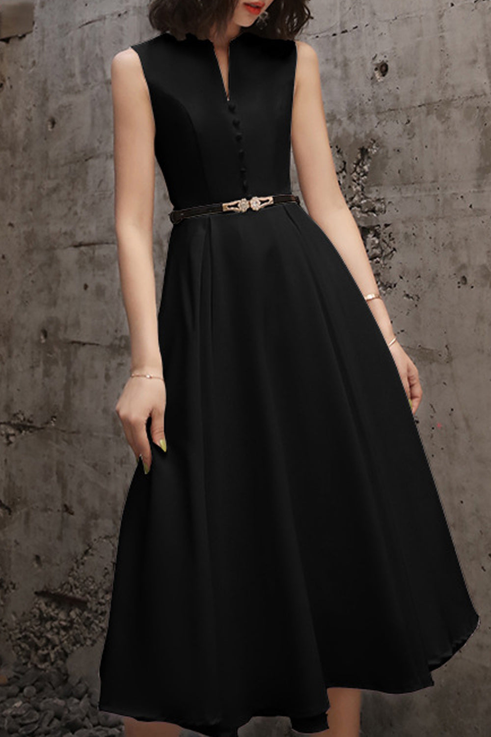 Women Mid Length Skirt Classy Sleeveless Style Solid Colored Evening Party Dress