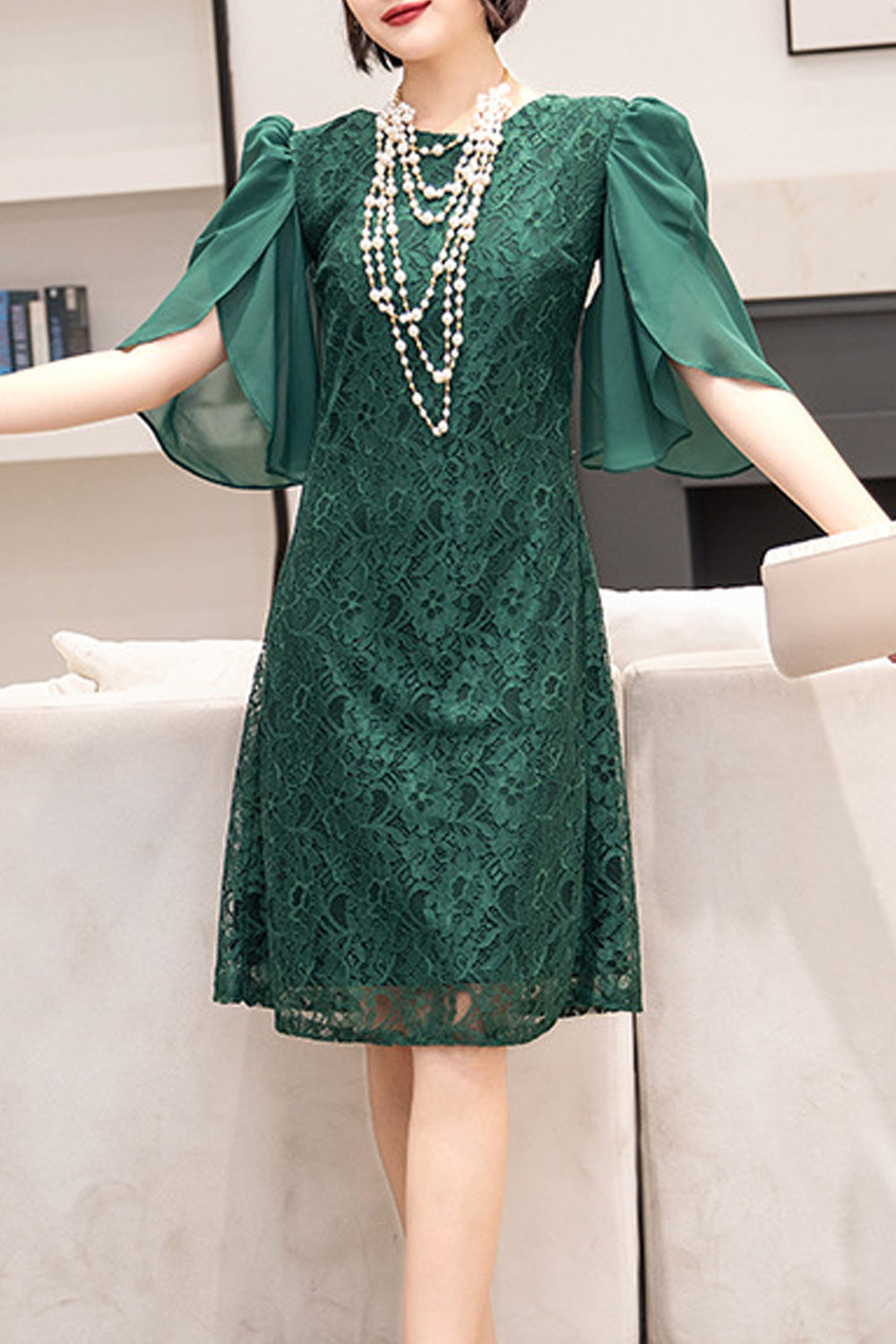 Women Pretty Solid Colored Lace Embroidered Comfy Evening Party Dress