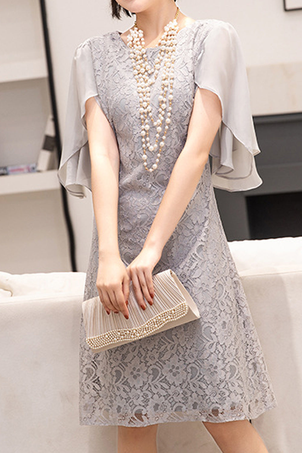 Women Pretty Solid Colored Lace Embroidered Comfy Evening Party Dress