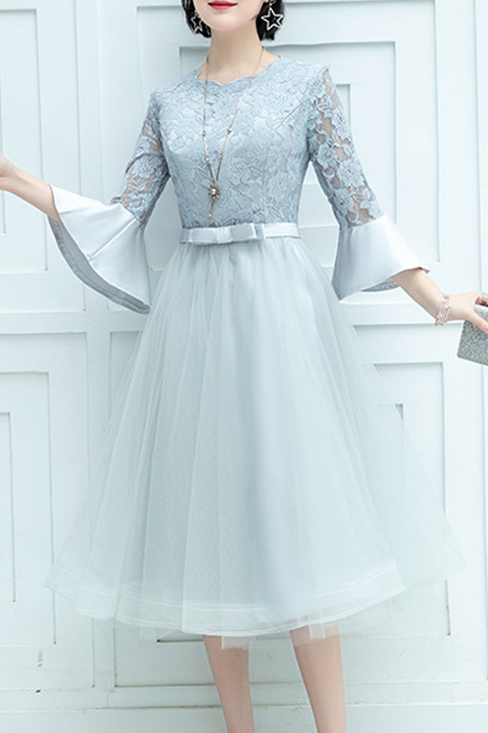 Women Trumpet Sleeve Lace Round Neck Thin Skirt Evening Party Dress