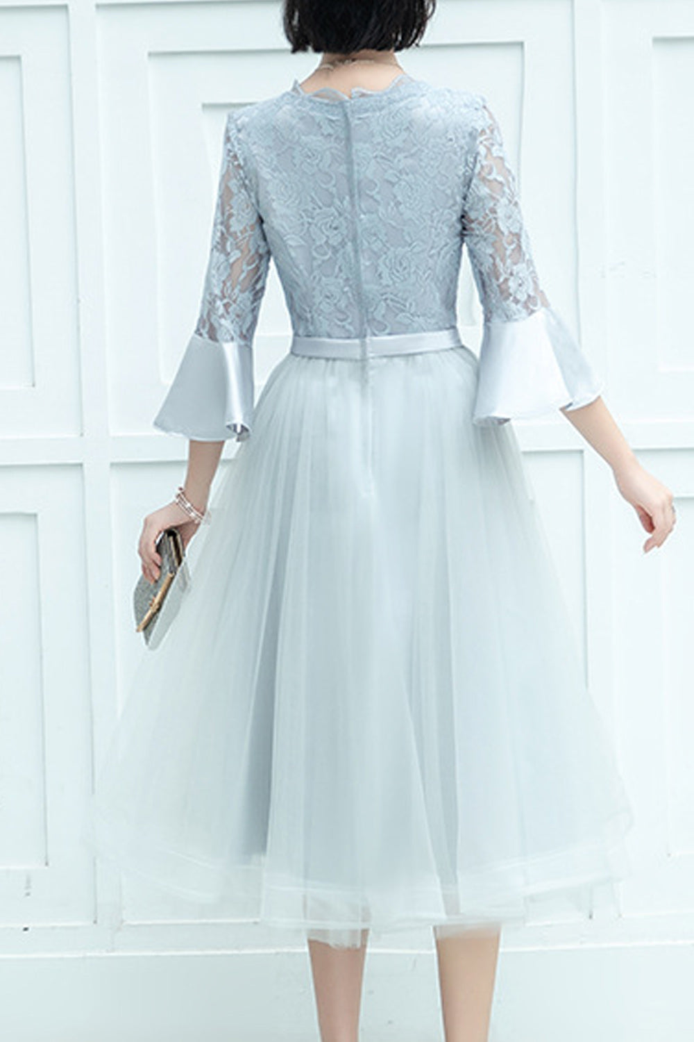 Women Trumpet Sleeve Lace Round Neck Thin Skirt Evening Party Dress