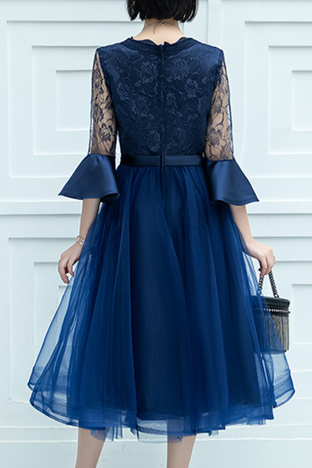 Women Trumpet Sleeve Lace Round Neck Thin Skirt Evening Party Dress