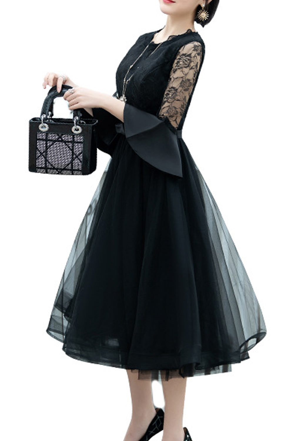 Women Trumpet Sleeve Lace Round Neck Thin Skirt Evening Party Dress