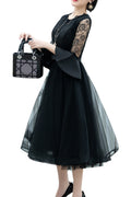 Women Trumpet Sleeve Lace Round Neck Thin Skirt Evening Party Dress