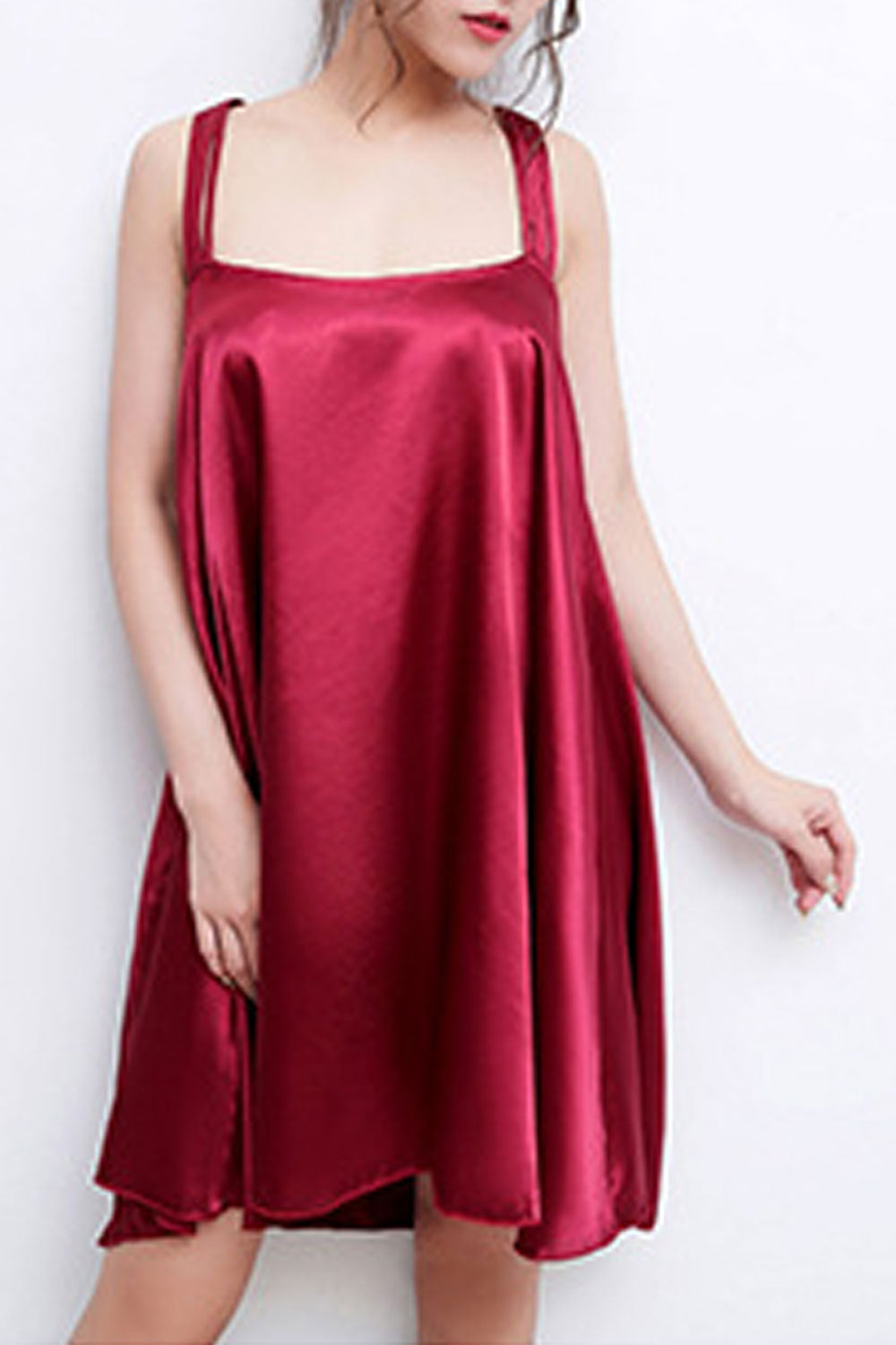 Women Strap Neck Loose Fit Soft Silk Nightdress Lingerie