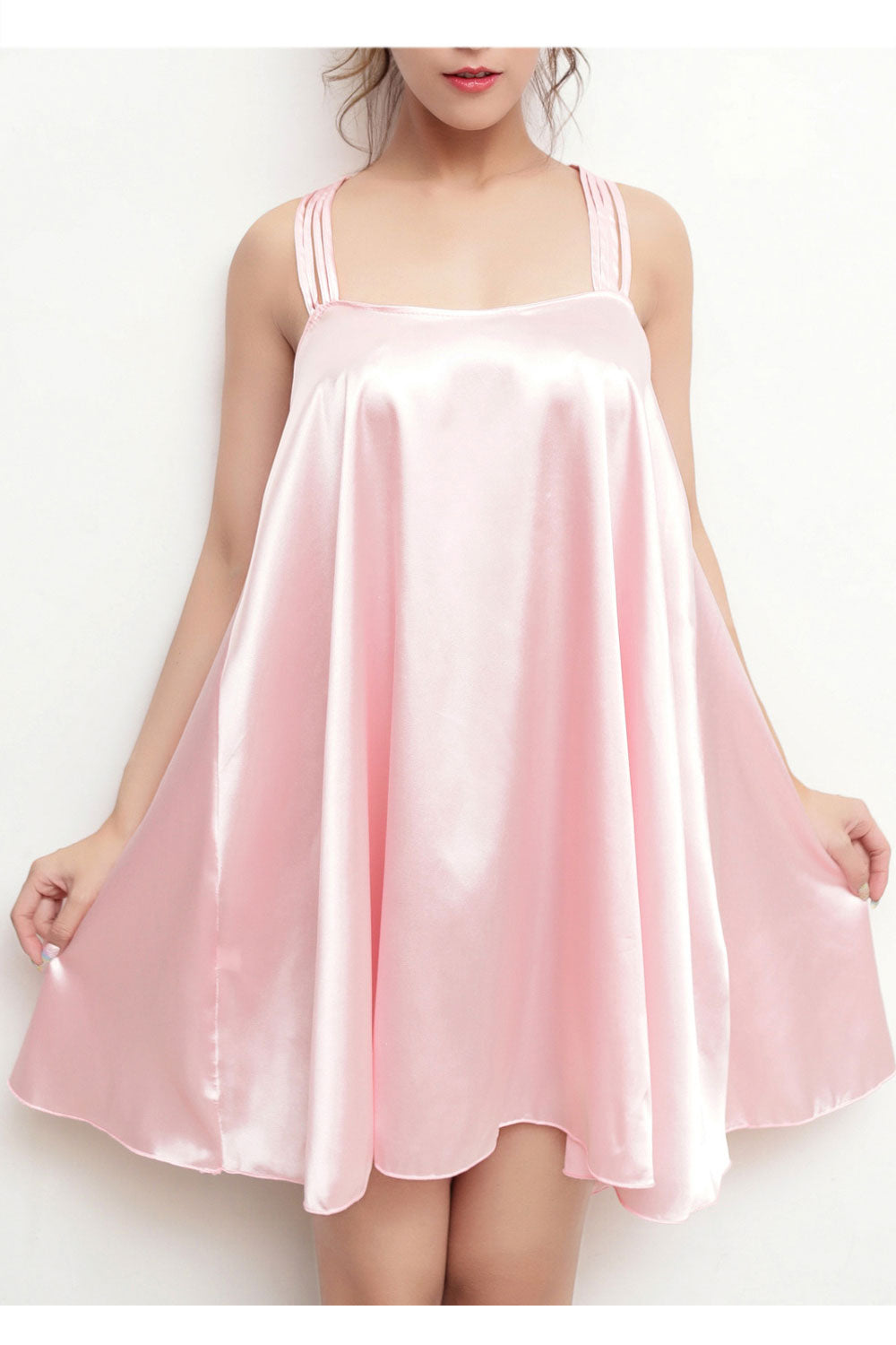 Women Strap Neck Loose Fit Soft Silk Nightdress Lingerie