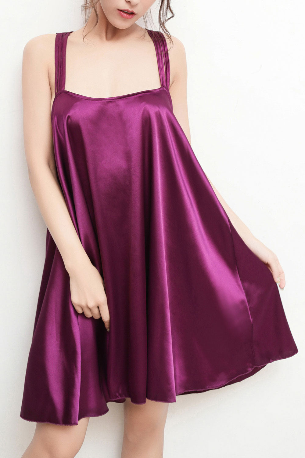 Women Strap Neck Loose Fit Soft Silk Nightdress Lingerie