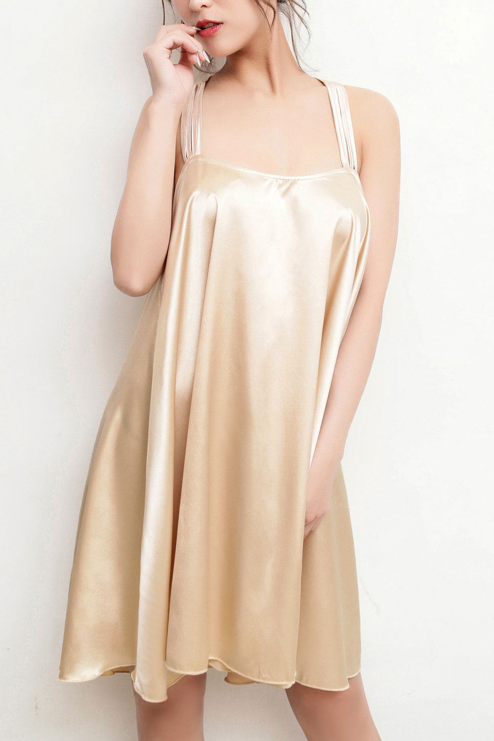 Women Strap Neck Loose Fit Soft Silk Nightdress Lingerie