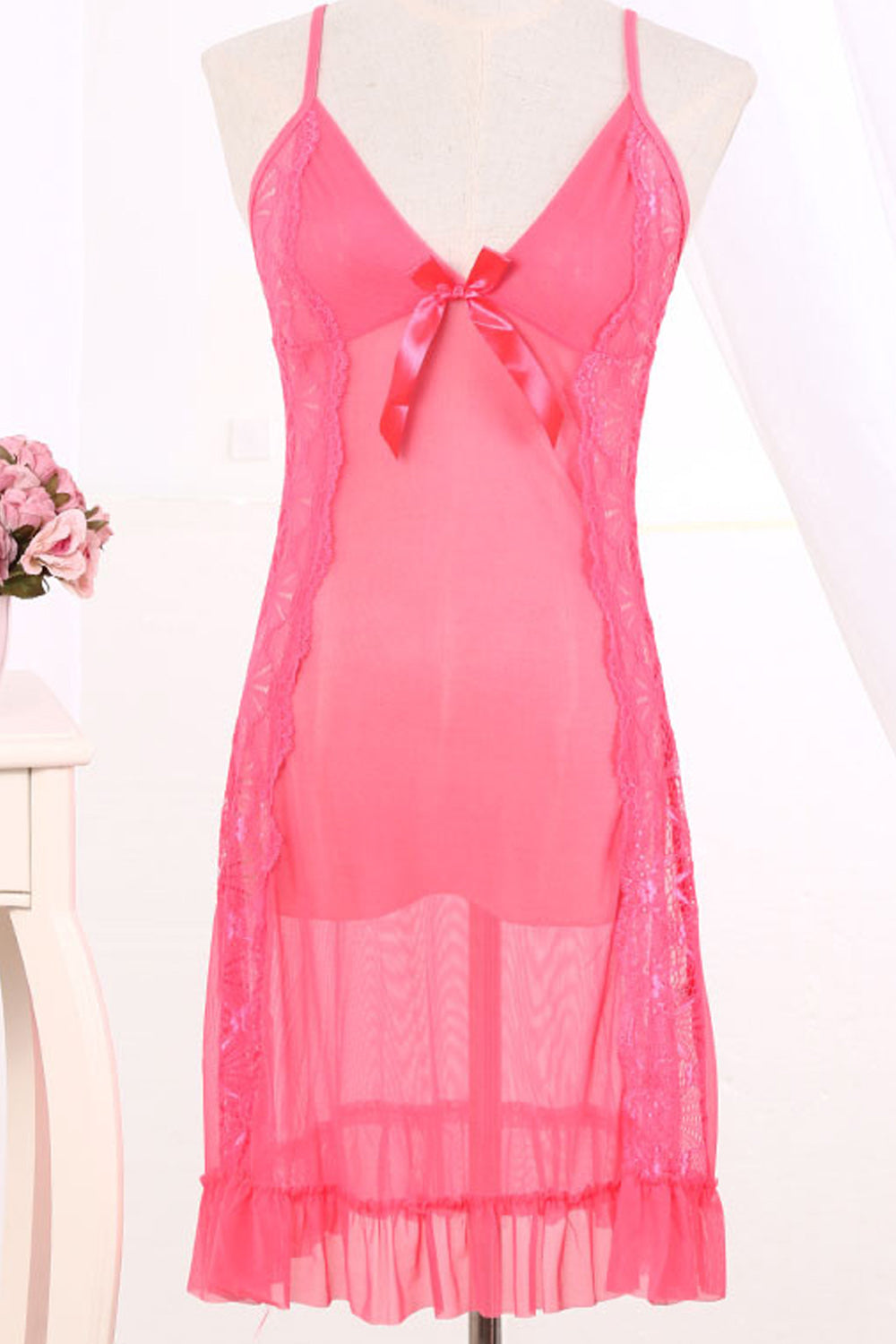 Women Elegant Solid Pattern Ribbon Decorated Lace Hem Lingerie