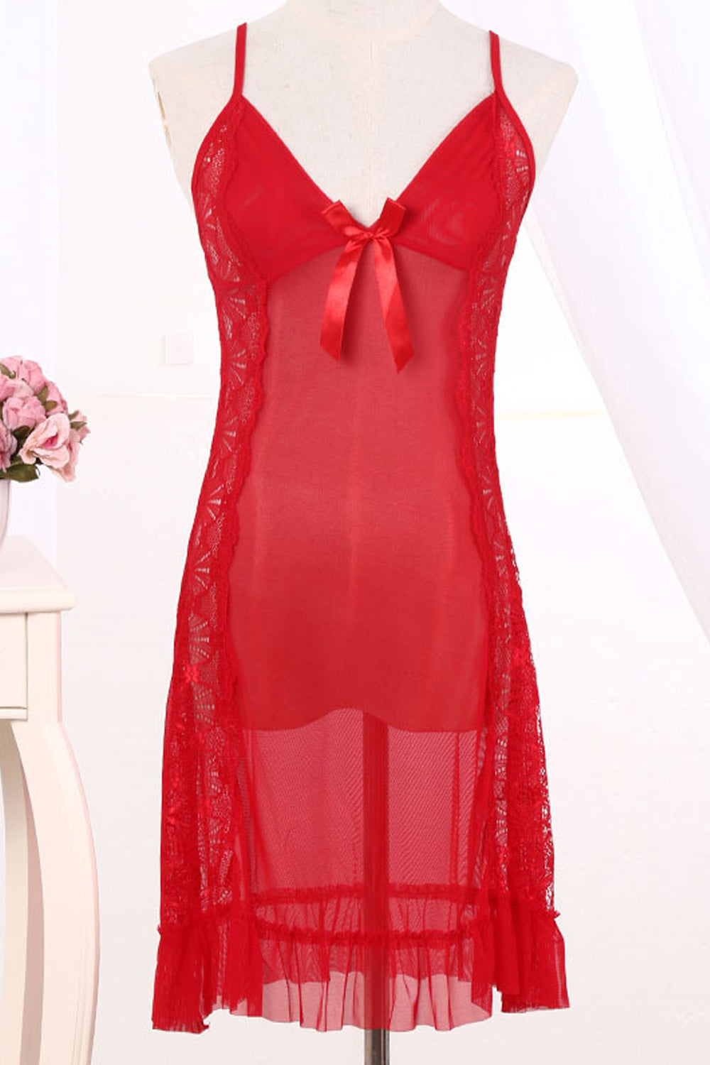 Women Elegant Solid Pattern Ribbon Decorated Lace Hem Lingerie