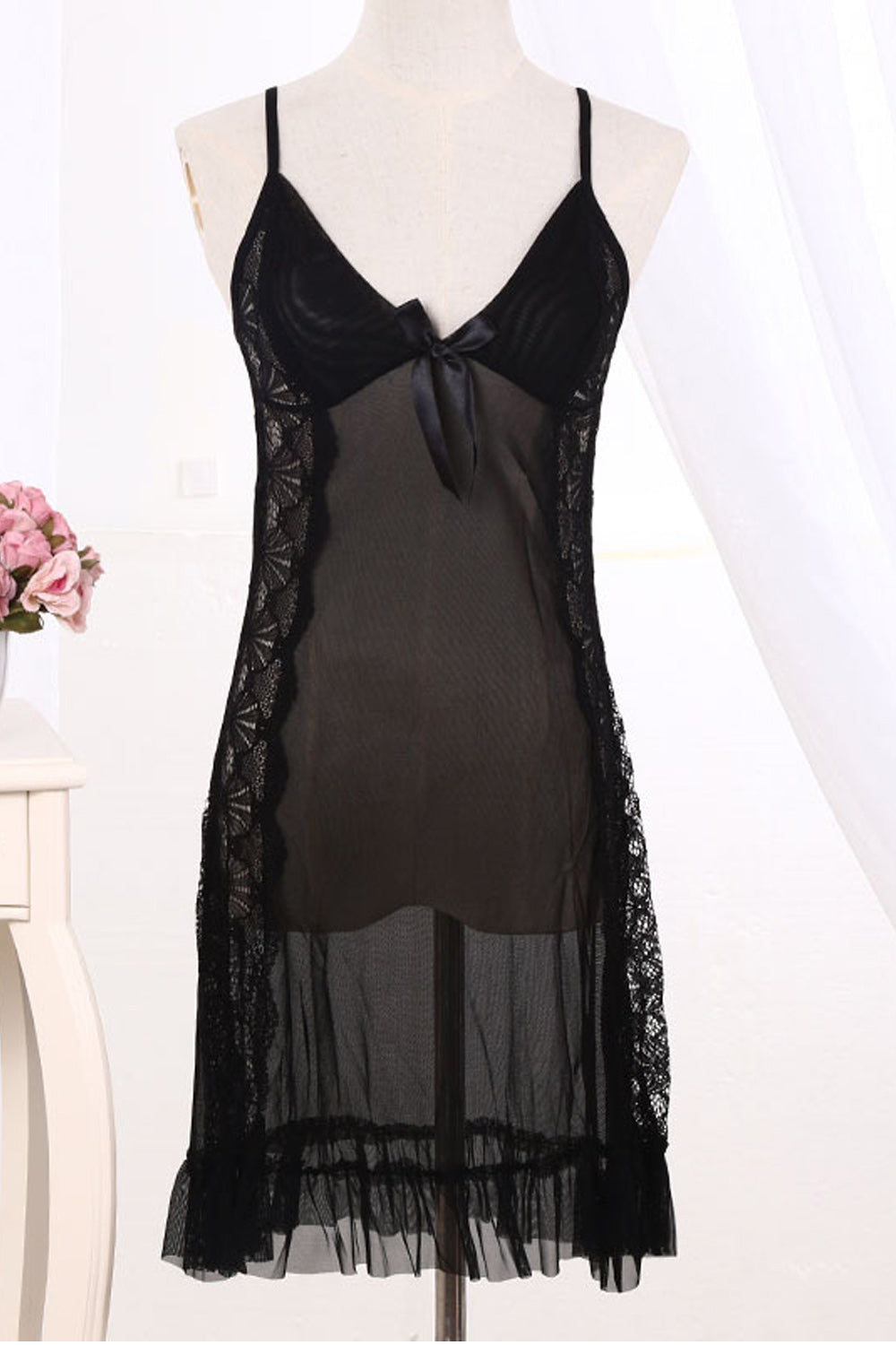 Women Elegant Solid Pattern Ribbon Decorated Lace Hem Lingerie