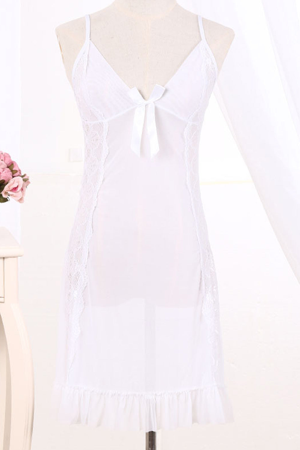 Women Elegant Solid Pattern Ribbon Decorated Lace Hem Lingerie